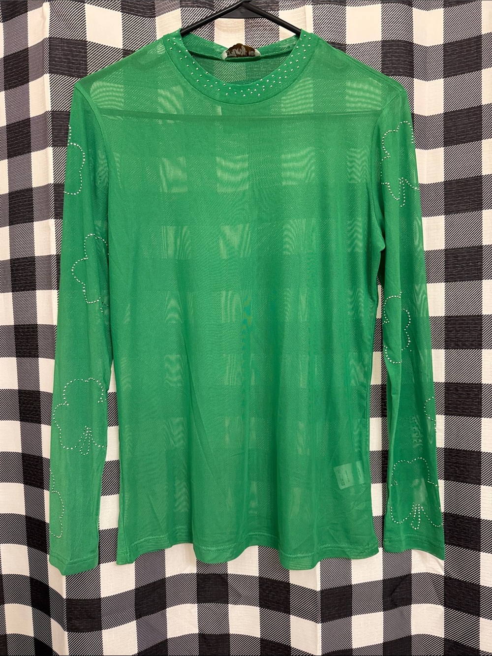 Green Sheer Long-Sleeve Top with Embellished Clover Detail